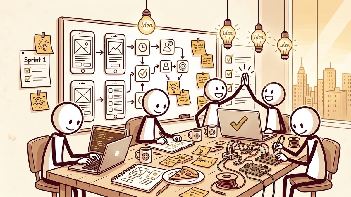 Stickman engineers collaborating late into the evening at a hackathon lab