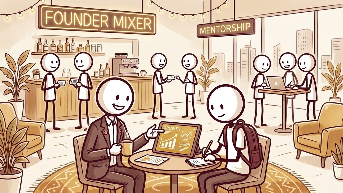 Stickman founders and mentors networking over coffee in a lounge