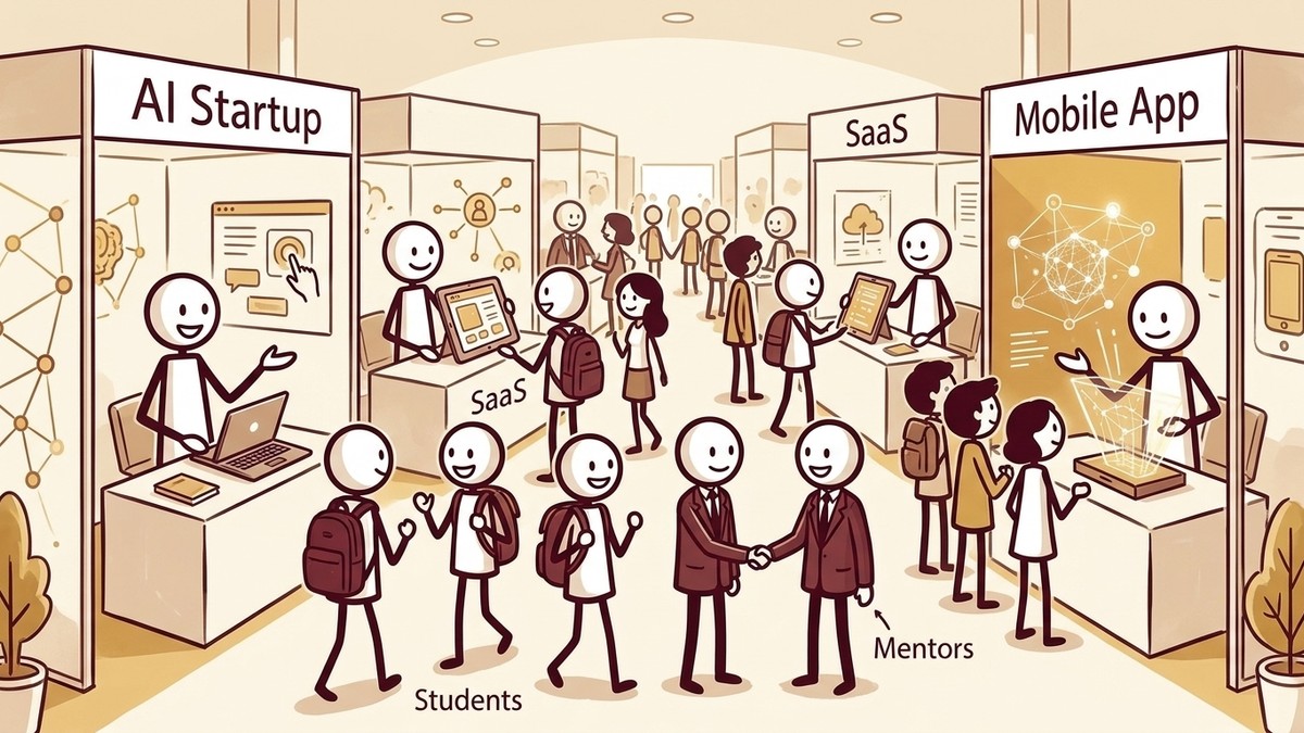 Stickman founders presenting live demos at startup expo booths